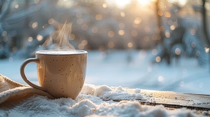 Steaming Mug of Hot Beverage on Snowy Winter Day
 A comforting ceramic mug releasing steam into the crisp winter air, surrounded by a soft snow-covered tabletop and bokeh lights. 
 - obrazy, fototapety, plakaty