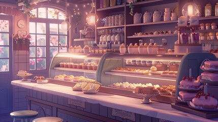 Cozy Animated lofi cartoon Bakery Interior with Pastries A charming, animated bakery shop interior filled with an assortment of pastries under warm, inviting lights.

 - obrazy, fototapety, plakaty