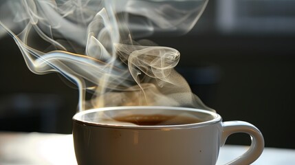 Hot Coffee Cup with Whispy Steam on Table
 Captivating steam wafts from a white cup of hot coffee...