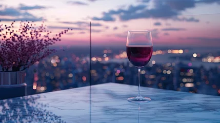 Deurstickers Wine Glass with City Sunset View on Marble Table  A serene sunset scene featuring a glass of wine on a marble table with a soft focus cityscape in the distance and delicate pink blossoms nearby.  © M