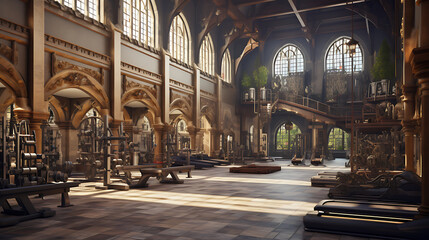 Fototapeta premium A gym interior for a medieval castle great hall fitness center, with castle-inspired workouts and castle architecture.