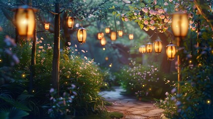 A tranquil garden pathway gently lit by the warm glow of hanging lanterns amidst flowering shrubs on a mystical evening. Mystical Garden Path Illuminated by Hanging Lanterns

