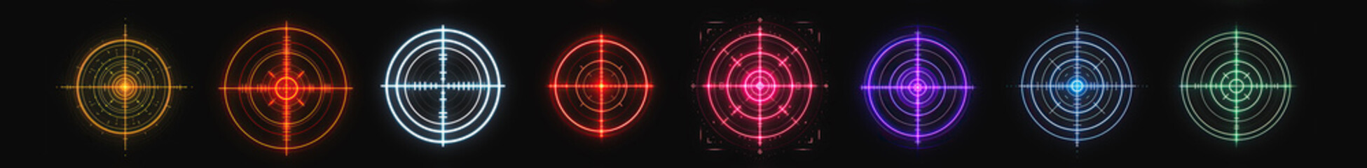 Tech-Glow Bullseye, a stock image set featuring futuristic interfaces for spot-on decisions, sporting triumphs, and military precision. Diverse colors and neon glow.  - obrazy, fototapety, plakaty
