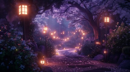 A magical evening scene of a lantern-lit pathway under the dreamy glow of cherry blossom trees in full bloom. Enchanted Pathway with Lanterns and Cherry Blossoms

 - obrazy, fototapety, plakaty