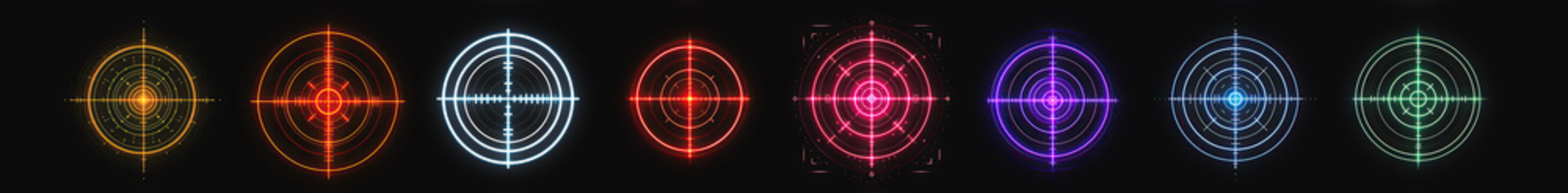 Tech-Glow Bullseye, a stock image set featuring futuristic interfaces for spot-on decisions, sporting triumphs, and military precision. Diverse colors and neon glow. 