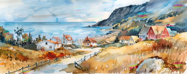 Coastal village, watercolor charm, serene ocean view --ar 5:2 --v 6 - obrazy, fototapety, plakaty