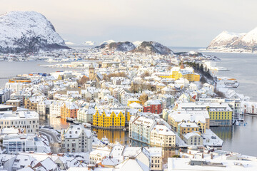 The Jugend city Aalesund (&Aring;lesund) harbor on a beautiful cold winter's day. M&oslash;re and Romsdal county

