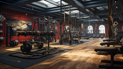 Fototapeta premium A gym interior for a pirate ship fitness center, with pirate-inspired workouts and nautical decor.