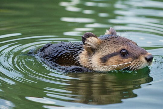 A waterfowl mammal. A water otter in a pond. Funny little animal.