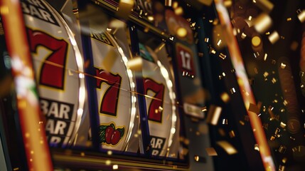 The slot machine has three reels, each displaying the number "7" in the center, indicating a jackpot or win. 