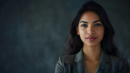 Fototapeta premium Portrait of a confident businesswoman with blank space for text. Background for the Women's Day campaign in a professional color tone. A Indian woman wearing a black suit on a gray background.