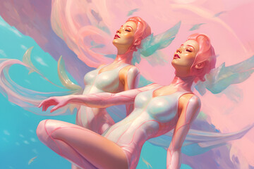 Dual ethereal beings in pastel embrace.