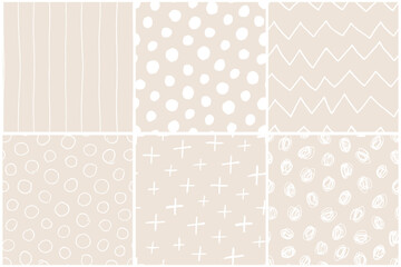 Collection of simple seamless beige patterns - hand drawn design. Minimalistic children drawing backgrounds. Textile endless cute prints