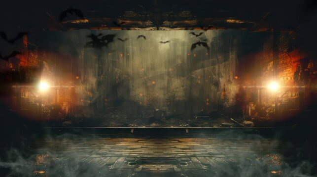 A room with old walls, with a spooky atmosphere, and bats flying around