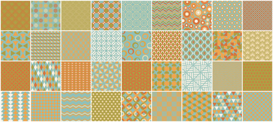 Collection of vector seamless colorful patterns - vintage design. Trendy retro backgrounds, fashion style 60 - 70s. Simple unusual creative prints - 744650259