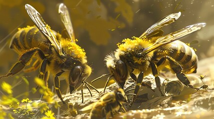 big drone bees (male honey bee) and bee workers, generative ai - obrazy, fototapety, plakaty