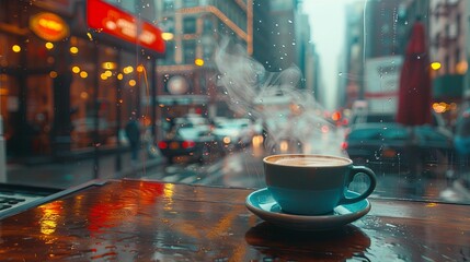 A steaming cup of coffee sits by a window with raindrops, overlooking a blurred city street with glowing lights on a rainy day. Rainy Day Coffee in the City

