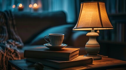 a cup of coffee on books on the table with night lamp in a dark room with cozy relaxing vibe