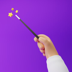 Сartoon hand holding magic wand stick isolated over purple background. 3d rendering.