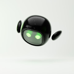 Cute robot flying with hands behind isolated over white background. Technology concept. 3d rendering.