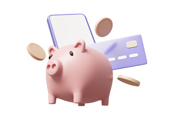 3D rendered illustration of a financial concept depicting savings and online deposits, decorated with a piggy bank icon with coins and a debit card with a mobile phone isolated on a transparent backgr