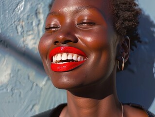 Smiling African woman with bright red lipstick and dental grillz against sunny wall