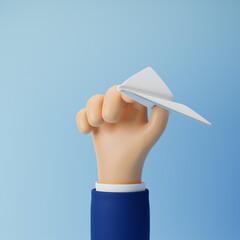 Businessman cartoon hand holding paper plane isolated over blue background. 3d rendering.