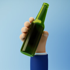 Businessman cartoon hand holding beer bottle isolated over blue background. 3d rendering.