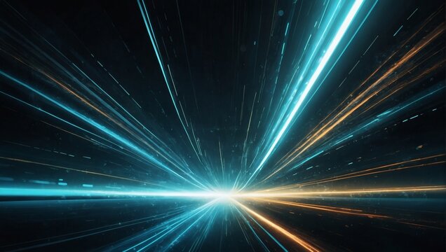 Vector Abstract, science, futuristic, energy technology concept. Digital image of light rays, stripes lines with turquoise light, speed and motion blur over dark turquoise background. 