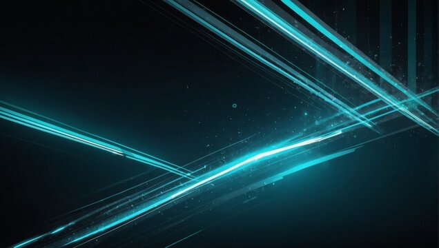 Vector Abstract, science, futuristic, energy technology concept. Digital image of light rays, stripes lines with turquoise light, speed and motion blur over dark turquoise background.