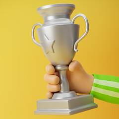 Athlete cartoon hand holding trophy cup isolated over yellow background. 3D rendering.