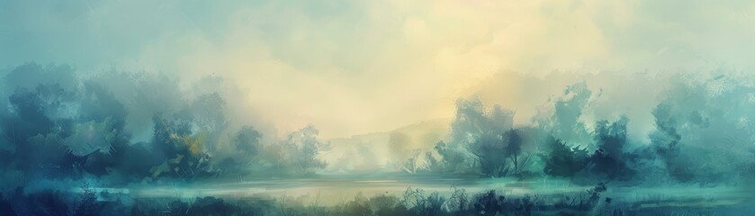 Foggy Lake with Trees in Background - obrazy, fototapety, plakaty