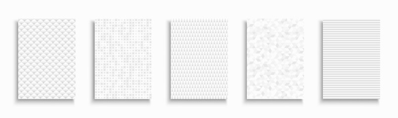 Collection of white textured geometric covers, templates, placards, brochures, banners, backgrounds and etc. Creative modern business posters, cards, catalogs. Monochrome graphic trendy minimal prints
