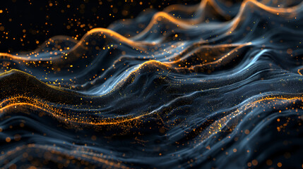 abstract thin waves and lines, golden and blue colors, on the black background