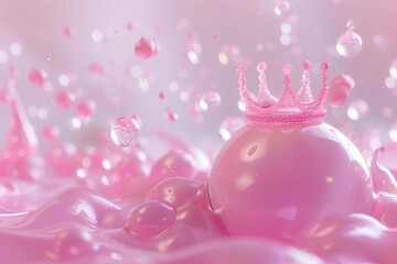 3d render of pink podium for product display with crown and pearl bubbles