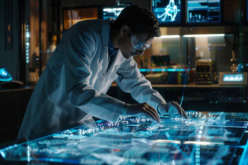 Engineer creating a futuristic hologram interface in a high-tech laboratory setting