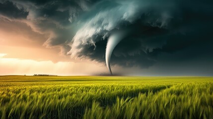 A huge tornado over an agricultural field. Disaster and threat of crop loss. Global climate change. A glimpse into the destructive forces of nature on crops.