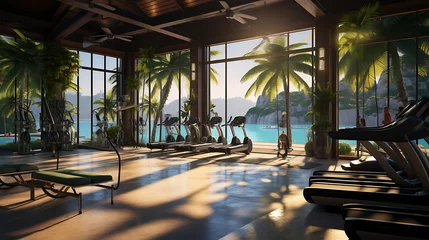  A gym interior for a tropical island resort, with palm trees and beachfront workout spaces. © Muhammad