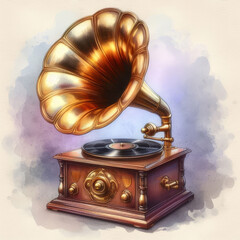Illustration of a golden old gramophone, antique in the style of watercolour. 