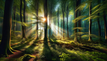 Fototapeta na wymiar Sunbeams pour through the verdant canopy of a lush forest, illuminating the forest floor and creating a serene and mystical morning atmosphere.Forest beauty concept.AI generated.