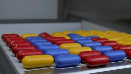 An array of capsule pills is shown on a conveyor belt, depicting the mass production process in a pharmaceutical plant generative ai
