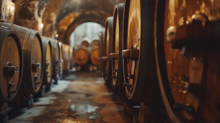 Old wooden Barrels in the wine cellar. Interior of an old distillery