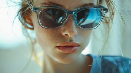 jeune femme en gros plan portant des lunettes de soleil bleuté - obrazy, fototapety, plakaty
