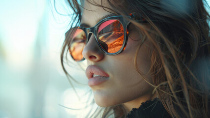 jeune femme de profil en gros plan portant des lunettes de soleil - obrazy, fototapety, plakaty