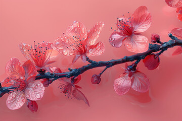 Close up isolated sakura branch on pink background, macro.
