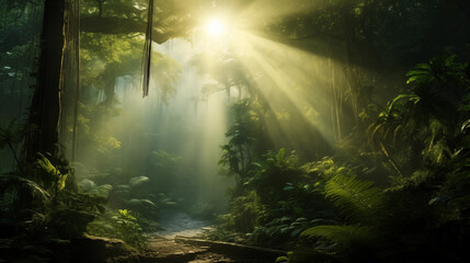 Forest jungle landscape with sun rays