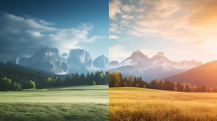 Sunset and sunrise in the mountains. Panoramic landscape.