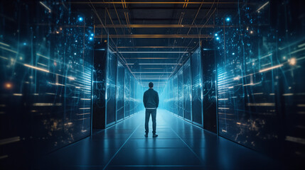 Futuristic Concept: Data Center Chief Technology Officer, Standing In Warehouse, Information Digitalization Lines Streaming Through Servers. SAAS, Cloud Computing, Web Service