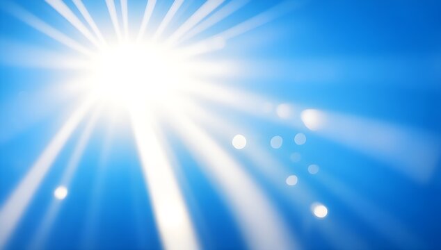 Blue background with sunlight rays and bokeh lights