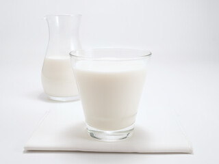 Fresh milk drink in a clear glass, white background
